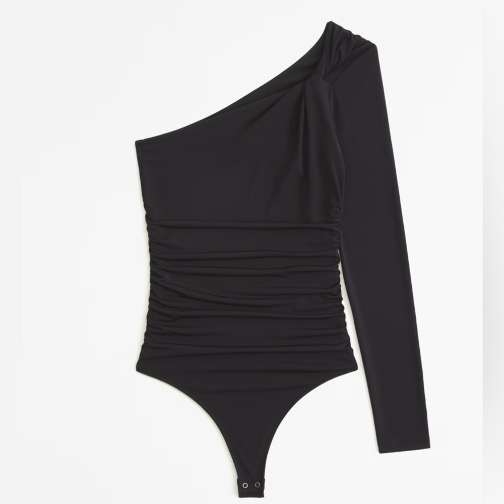 Long-Sleeve One-Shoulder Twist Ruched Bodysuit